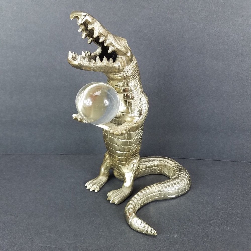 Cast Aluminum Alligator Standing With Acrylic Ball 10" Tall Painted